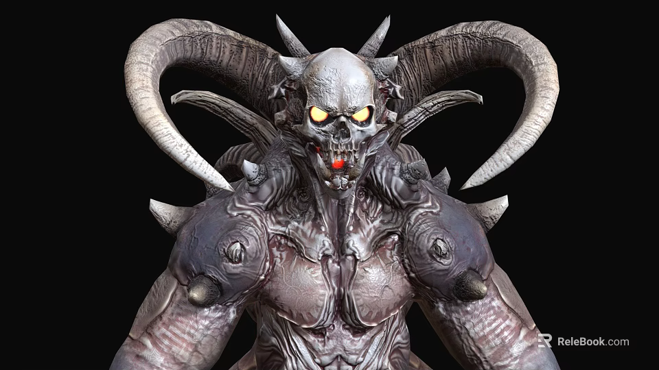 Game Movie Demon Character with Skeletal Head Glowing Yellow Eyes Large Horns Armored Body 3d model 