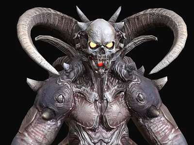 Game Movie Demon Character with Skeletal Head Glowing Yellow Eyes Large Horns Armored Body 3d model