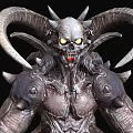 Game Movie Demon Character with Skeletal Head Glowing Yellow Eyes Large Horns Armored Body