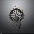 Decorative Wheel Structure With Crescent Moon And Golden Decorations On Mannequin Torso