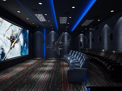 Luxurious Home Theater Interior Featuring Large Projection Screen Blue Lighting Multiple Rows Of Leather Seats 3d model
