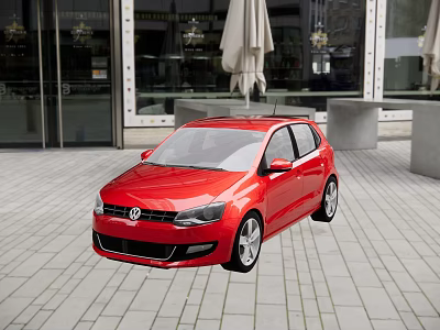 Red Volkswagen Small Car Parked On Outdoor Stone Pavement With Glass Building Background 3d model