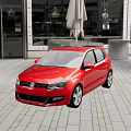 Red Volkswagen Small Car Parked On Outdoor Stone Pavement With Glass Building Background