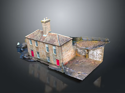 Traditional Rural Brick House With Chimney Red Doors Windows And Small Yard 3d model