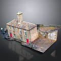 Traditional Rural Brick House With Chimney Red Doors Windows And Small Yard