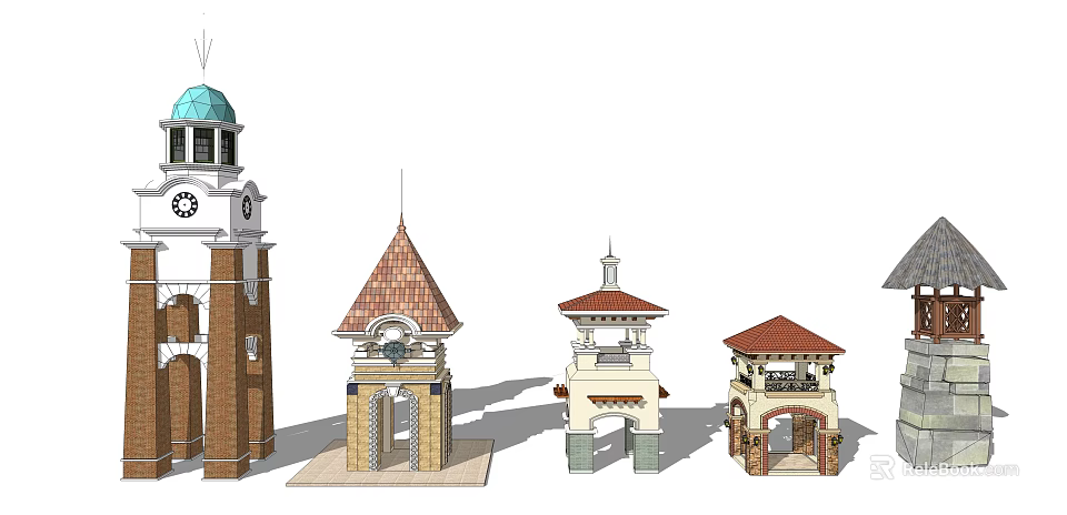 Various Architectural Tower Designs With Red Brown Roofs Arched Doors And Clock Elements 3d model 