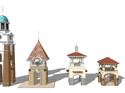 Various Architectural Tower Designs With Red Brown Roofs Arched Doors And Clock Elements 3d model