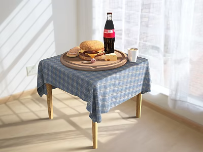 Tableware Set With Wooden Tray Hamburgers Coca Cola Bottle And Small Cup On Checkered Tablecloth 3d model