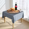 Tableware Set With Wooden Tray Hamburgers Coca Cola Bottle And Small Cup On Checkered Tablecloth
