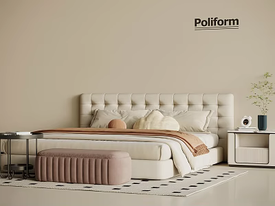 Soft Tufted Headboard Double Bed In Modern Bedroom With Pillows Blanket And Ottoman 3d model