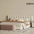 Soft Tufted Headboard Double Bed In Modern Bedroom With Pillows Blanket And Ottoman
