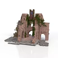 Ancient Brick Ruin Structure Covered With Vines And Arched Openings With Flag 3d model