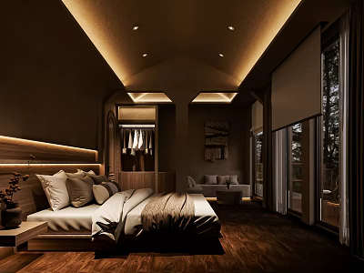 Cozy Luxury Hotel Guest Room With Soft Warm Lighting Wooden Flooring And Large Scenic Windows 3d model