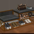 Functional Shoe Bench With Golden Frame Gray Cushion And Shoe Storage Top Bag Book