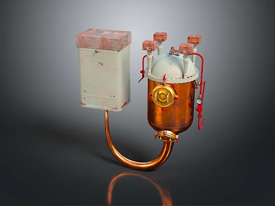 Copper Mechanical Container with White Box Red Valves and Curved Pipe 3d model
