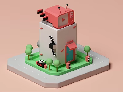 Cartoon Scene Featuring Red Topped Tower Green Grass Small Trees Road Number Signs And Car 3d model