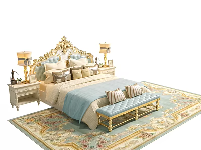 Luxurious Double Bed with Ornate Carved Headboard Gold Footstool Nightstands Table Lamps and Patterned Rug 3d model