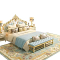 Luxurious Double Bed with Ornate Carved Headboard Gold Footstool Nightstands Table Lamps and Patterned Rug