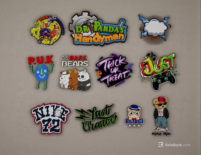 Colorful Cartoon Badge Wall Decor With Diverse Funny Character And Logo Designs 3d model 