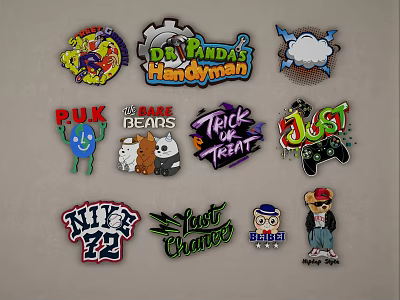 Colorful Cartoon Badge Wall Decor With Diverse Funny Character And Logo Designs 3d model