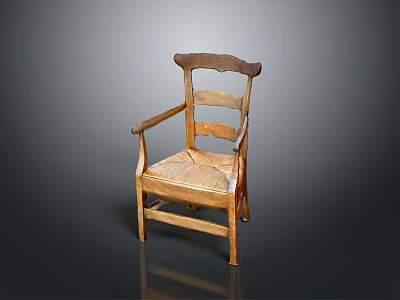 Antique Style Wooden Armchair With Woven Seat And Slatted Backrest Design 3d model