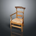 Antique Style Wooden Armchair With Woven Seat And Slatted Backrest Design