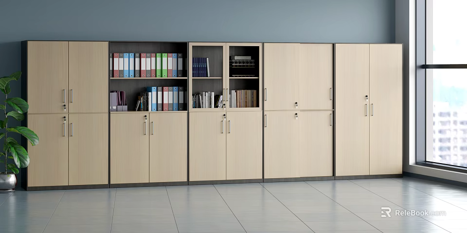 Modern Wooden Bookcase with Shelves and Cabinets Filled with Organized Books 3d model 