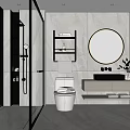 Modern Bathroom Interior With Round Illuminated Mirror Gray Walls Glass Shower And White Vanity
