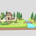 Picturesque Natural Landscape Featuring Log Cabin Wooden Bridge Stream Pine Trees Stone Steps And Grass