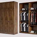 Carved Wooden Wardrobe With Open Interior Hanging Clothes And Folded Shelves