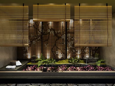 Bamboo Blinds In Spa Bathroom With Decorative Wall And Green Plants Interior 3d model