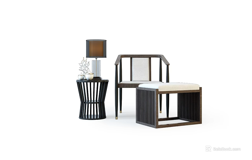 Modern Leisure Chair With Wooden Frame Woven Seat And Side Table Lamp 3d model 