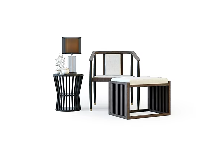 Modern Leisure Chair With Wooden Frame Woven Seat And Side Table Lamp 3d model