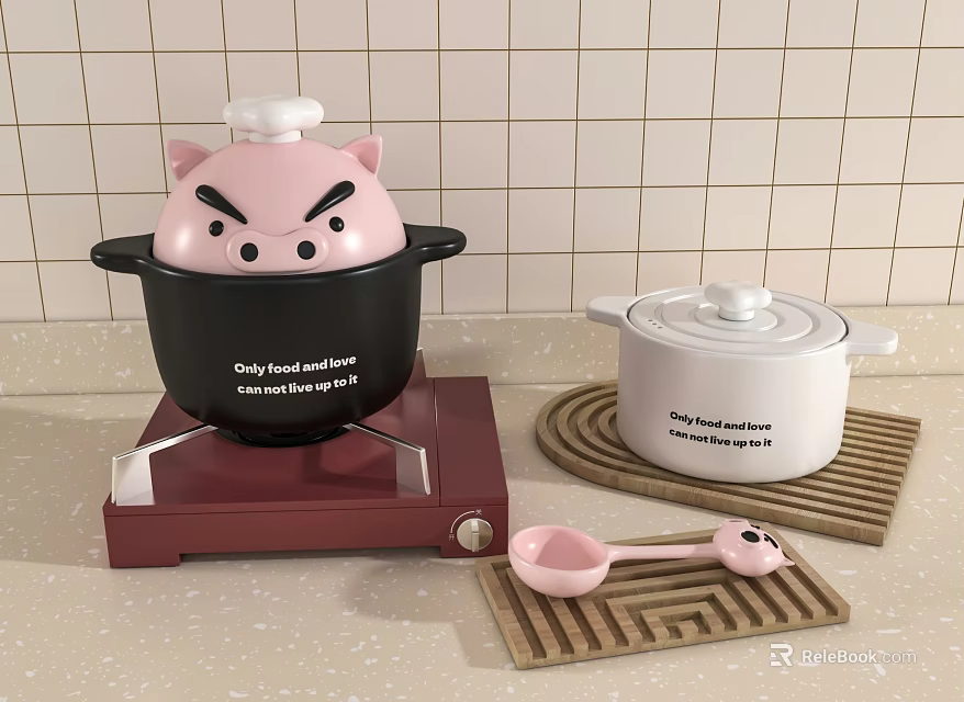 Cute Kitchenware Set with Pig Shaped Pot Red Heating Base White Pot and Pink Spoons 3d model 