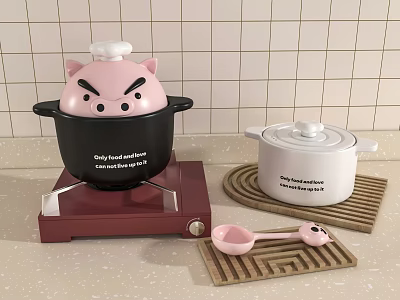 Cute Kitchenware Set with Pig Shaped Pot Red Heating Base White Pot and Pink Spoons 3d model