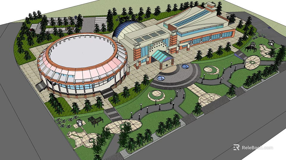 Modern Large Public Building Complex With Circular Structure Greenery And Pathways 3d model 