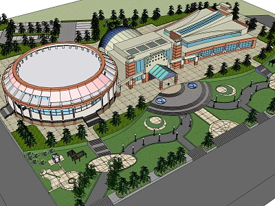Modern Large Public Building Complex With Circular Structure Greenery And Pathways 3d model