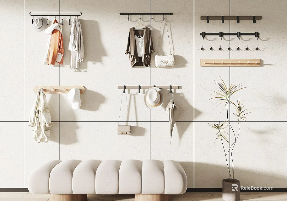 Stylish Wall Hooks Organizing Clothes Bags Hats in Modern Home Interior With Bench And Plant 3d model 