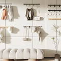 Stylish Wall Hooks Organizing Clothes Bags Hats in Modern Home Interior With Bench And Plant