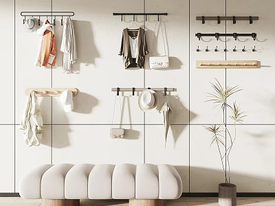 Stylish Wall Hooks Organizing Clothes Bags Hats in Modern Home Interior With Bench And Plant 3d model