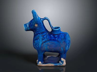 Blue Glazed Ceramic Animal Shaped Sculpture With Handle And White Base 3d model
