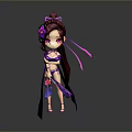 Chibi Game Movie Character Wearing Purple Outfit With Long Hair Flower Accessories And Flowing Ribbons