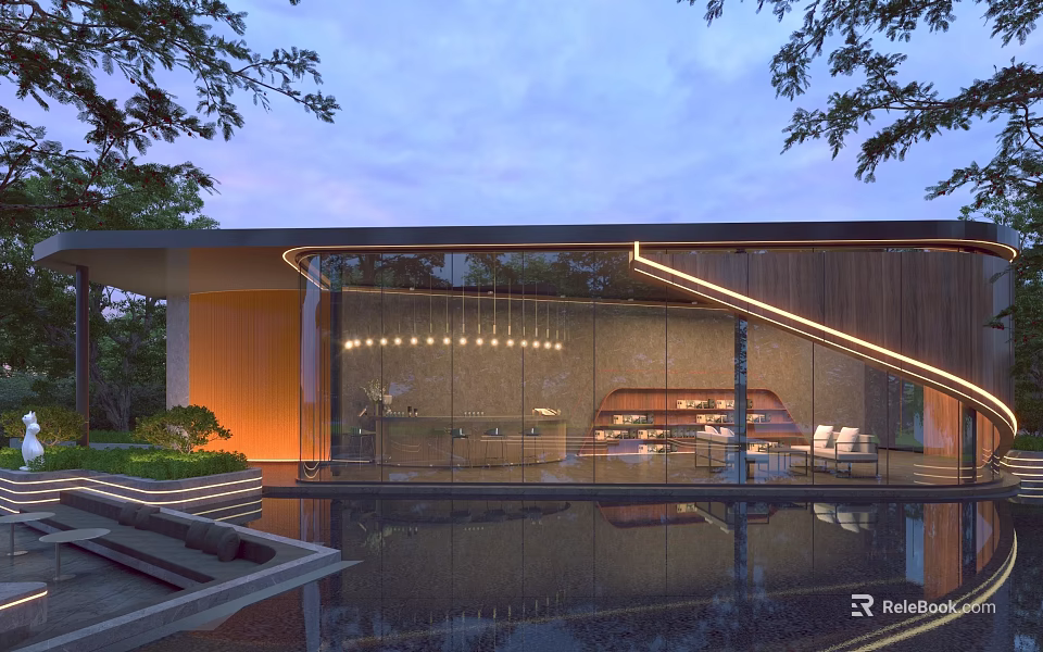 Modern Pergola Design With Wooden Structure Glass Walls Pool Reflection And Floor Lights At Dusk 3d model 