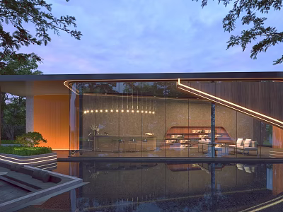 Modern Pergola Design With Wooden Structure Glass Walls Pool Reflection And Floor Lights At Dusk 3d model