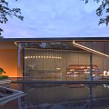 Modern Pergola Design With Wooden Structure Glass Walls Pool Reflection And Floor Lights At Dusk