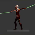 Red Outfit Warrior Character With Headpiece Holding Green Lightsabers Standing On Platform