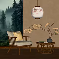 Wooden Leisure Chair with Cushion by Forest Scenery and Side Table with Flower Vase