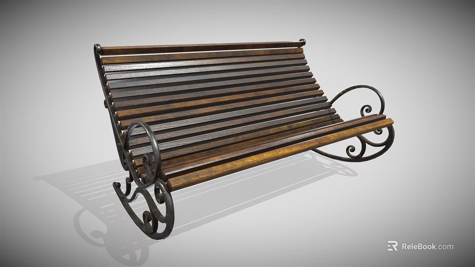 Outdoor Bench with Brown Wooden Slats and Black Curved Metal Scroll Legs 3d model 