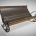 Outdoor Bench with Brown Wooden Slats and Black Curved Metal Scroll Legs