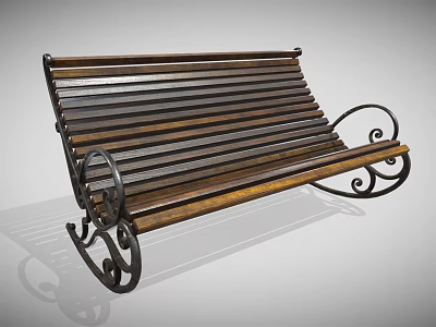 Outdoor Bench with Brown Wooden Slats and Black Curved Metal Scroll Legs 3d model